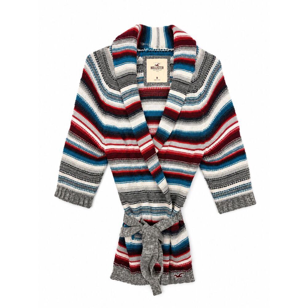 Hollister Cardigan Knit Striped Sweater Sz Medium Multicolor Belted 3/4 Sleeves
